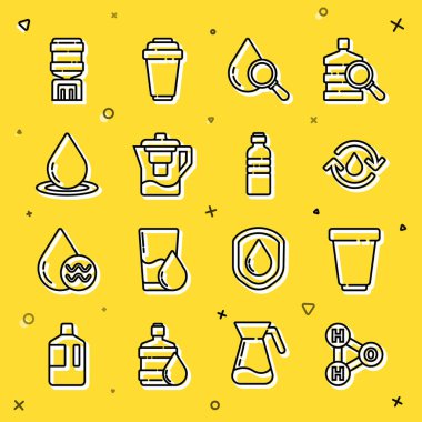 Set line Chemical formula for H2O Water filter cartridge Recycle clean aqua Drop and magnifying glass jug with drop cooler and Bottle of water icon. Vector.