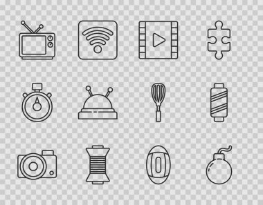 Set line Photo camera Bomb ready explode Play Video Sewing thread on spool Retro tv Needle bed and needles American Football ball and icon. Vector.