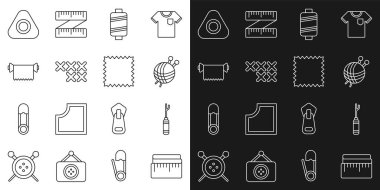 Set line Tape measure Awl tool Yarn ball with knitting needles Sewing thread Adjustable embroidery hoop Textile fabric roll chalk and Leather icon. Vector.