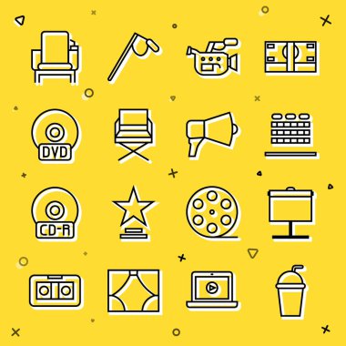 Set line Paper glass with straw Projection screen Cinema auditorium seats camera Director movie chair CD DVD disk and Megaphone icon. Vector.