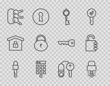 Set line Locked key Key broke inside of padlock Old Password protection Bunch keys House with and Safe combination icon. Vector.