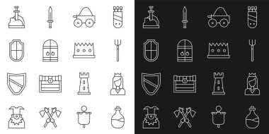 Set line Old bottle of wine Princess Garden pitchfork Wooden four-wheel cart Medieval castle gate Shield Sword the stone and King crown icon. Vector.