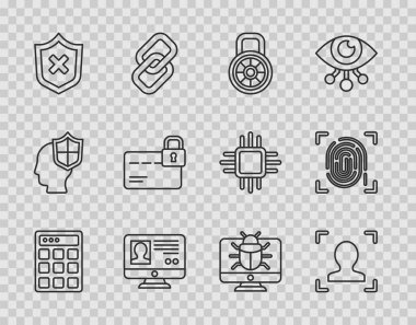 Set line Password protection Face recognition Safe combination lock Create account screen Shield with cross mark Credit card System bug monitor and Fingerprint icon. Vector.