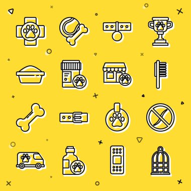 Set line Cage for birds Anti worms parasite Pets vial medical Collar with name tag Dog medicine bottle food bowl Veterinary clinic and hospital icon. Vector.