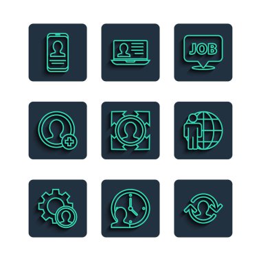 Set line Head hunting Time Management Human resources Speech bubble with job Create account screen Mobile resume and icon. Vector.