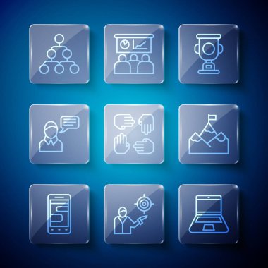 Set line Chat messages on phone Marketing target strategy Laptop Award cup Project team base Speech bubble chat Hierarchy organogram chart and Mountains with flag icon. Vector.