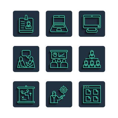 Set line Planning strategy concept Marketing target Browser files Computer monitor Training presentation Two sitting men talking Identification badge and Hierarchy organogram chart icon. Vector.