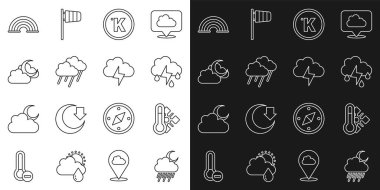 Set line Cloud with rain and moon Meteorology thermometer lightning Kelvin Rainbow and Storm icon. Vector.