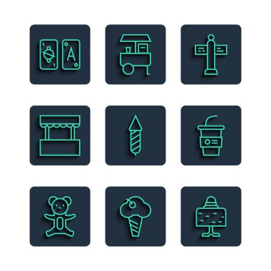 Set line Teddy bear plush toy Ice cream in waffle cone Magic ball table Road traffic signpost Firework rocket Ticket box office Tarot cards and Paper glass with water icon. Vector.