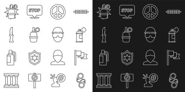 Set line Handcuffs Location marker Paint spray can Peace grenade Military knife and Special forces soldier icon. Vector.