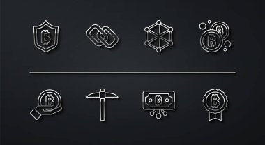 Set line Shield with bitcoin Hand holding Bitcoin circuit Pickaxe Chain link and Blockchain technology icon. Vector.