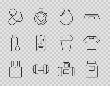 Set line Sleeveless T-shirt Sports nutrition Kettlebell Dumbbell Music player bag and icon. Vector.