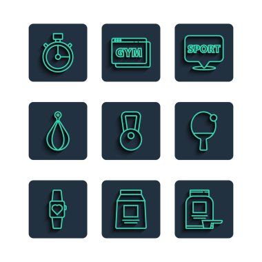 Set line Smartwatch Sports nutrition Location gym Kettlebell Punching bag Stopwatch and Racket and ball icon. Vector.