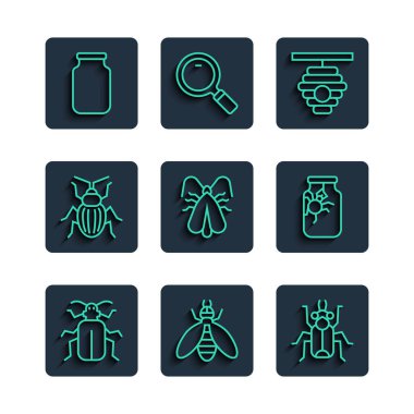 Set line Chafer beetle Bee Beetle bug Hive for bees Clothes moth Glass jar and Spider in icon. Vector.