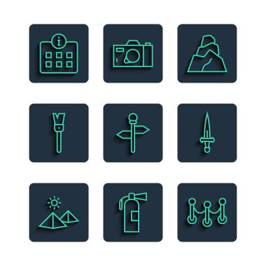 Set line Egypt pyramids Fire extinguisher Rope barrier Rock stones Road traffic signpost Paint brush Information and Dagger icon. Vector.