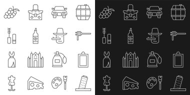 Set line Tower in Pisa Picture Pasta spaghetti Car Bottle of olive oil Mascara brush Grape fruit and Pinocchio icon. Vector.