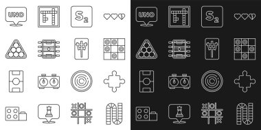 Set line Board game Puzzle pieces toy of checkers Bingo Hockey table Billiard balls triangle Uno card and Mahjong icon. Vector.