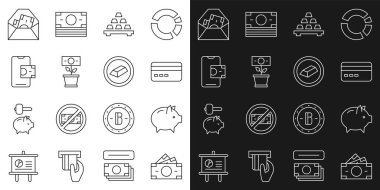 Set line Stacks paper money cash Piggy bank Credit card Gold bars Money plant in the pot Mobile banking Envelope with dollar symbol and icon. Vector.