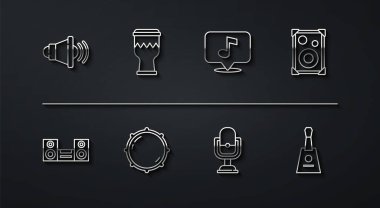 Set line Speaker volume Home stereo Stereo speaker Microphone Dial knob level Drum Balalaika and Musical note icon. Vector.