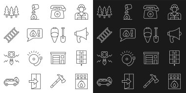 Set line Matchbox and matches Evacuation plan Megaphone Telephone call 911 Fire escape Forest and shovel bucket icon. Vector.