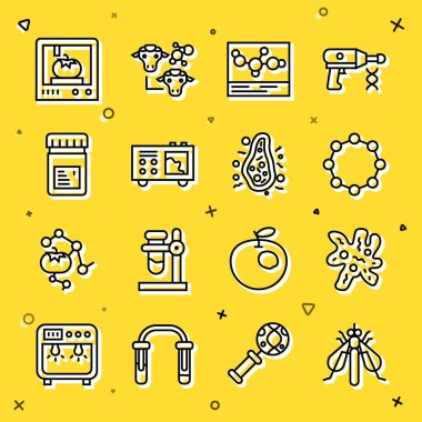 Set line Experimental insect Cell Chemical formula Spectrometer Jar with additives 3D printing technology and Bacteria icon. Vector.