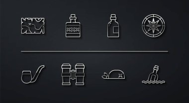Set line Pirate treasure map Smoking pipe Compass bandana for head Binoculars Alcohol drink Rum Bottle with message water and icon. Vector.