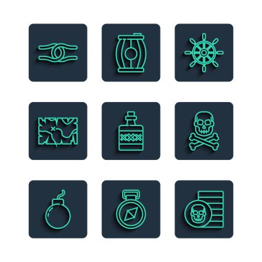 Set line Bomb ready to explode Compass Pirate coin Ship steering wheel Alcohol drink Rum treasure map Rope tied knot and Skull on crossbones icon. Vector.