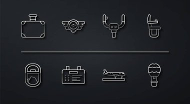 Set line Suitcase Airplane window seat Plane Airport board Aviation emblem Hot air balloon and Aircraft steering helm icon. Vector.