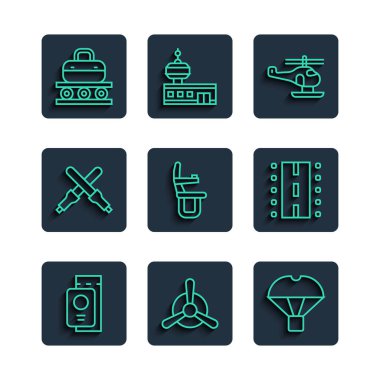 Set line Passport with ticket Plane propeller Box flying on parachute Helicopter Airplane seat Marshalling wands Conveyor belt suitcase and Airport runway icon. Vector.