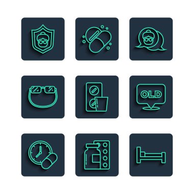 Set line Medicine pill or tablet Pills blister pack Bed Grandmother Eyeglasses and Nursing home icon. Vector.