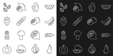 Set line Pear Fresh cucumber Green peas Potato Strawberry Tomato and Orange fruit icon. Vector.