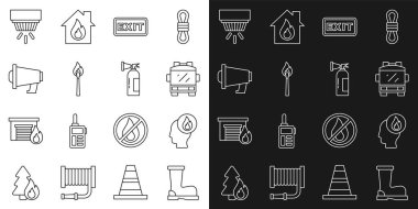 Set line Fire boots Firefighter truck exit Burning match with fire Megaphone Smoke alarm system and extinguisher icon. Vector.