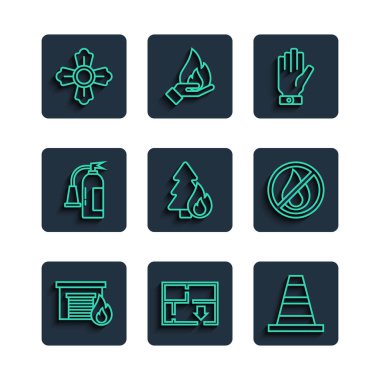 Set line Fire in burning garage Evacuation plan Traffic cone Firefighter gloves Burning forest tree extinguisher and No fire icon. Vector.