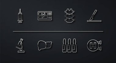 Set line Syringe Microscope Medical surgery scalpel vial ampoule Human organ liver Monitor with cardiogram Hospital signboard and spine icon. Vector.