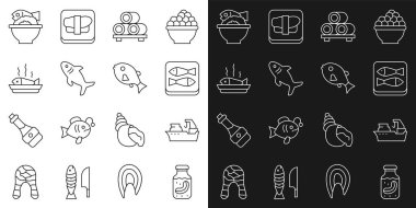 Set line Sea cucumber in jar Fishing boat Canned fish Sushi on cutting board Shark Served plate bowl and Tropical icon. Vector.
