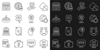 Set line Online poker table game Horseshoe Casino chips Hand holding playing cards slot machine with clover roulette wheel Slot jackpot and icon. Vector.