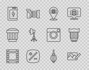 Set line Camera roll cartridge Photo retouching camera Exposure compensation Battery for Softbox light Dust blower and photo lens icon. Vector.