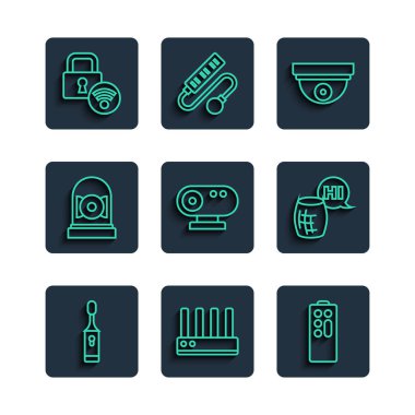 Set line Electric toothbrush Router and wi-fi signal Remote control Motion sensor Web camera Ringing alarm bell Digital door lock and Voice assistant icon. Vector.