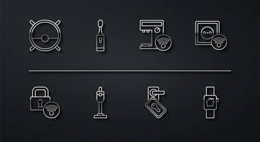 Set line Robot vacuum cleaner Digital door lock Smart electrical outlet Vacuum Electric toothbrush home with smart watch and coffee machine icon. Vector.