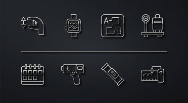 Set line Approximate measurements Calendar Scale with suitcase Construction bubble level Digital thermometer Smart watch Measuring instrument and Route location icon. Vector.
