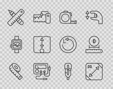 Set line Measuring tape Diagonal measuring Roulette construction Multimeter voltmeter Crossed ruler and pencil Depth measurement Medical thermometer and Diameter icon. Vector.