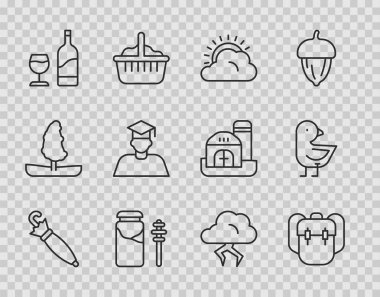 Set line Umbrella School backpack Sun and cloud weather Jar of honey dipper stick Wine bottle with glass Graduate graduation cap Storm and Little chick icon. Vector.