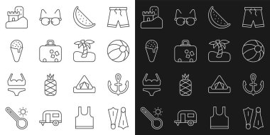 Set line Rubber flippers for swimming Anchor Beach ball Watermelon Suitcase Ice cream waffle cone Sand castle and Tropical palm tree icon. Vector.