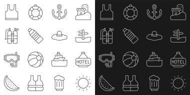 Set line Sun Signboard with text Hotel Road traffic sign Anchor Bottle of water Aqualung Sleeveless T-shirt and Elegant women hat icon. Vector.