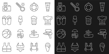 Set line Ice cream in waffle cone Water gun Bodybuilder muscle Lifebuoy Flip flops Photo camera with flash and Wooden beer mug icon. Vector.