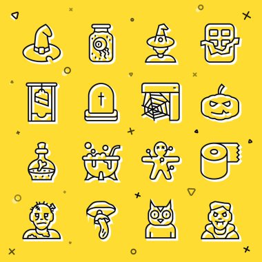 Set line Vampire Toilet paper roll Pumpkin Witch Tombstone with RIP written Guillotine hat and Spider web icon. Vector.