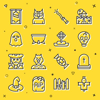 Set line Scarecrow Tombstone with RIP written Skull Magic wand Halloween witch cauldron Ghost Guillotine and cross icon. Vector.