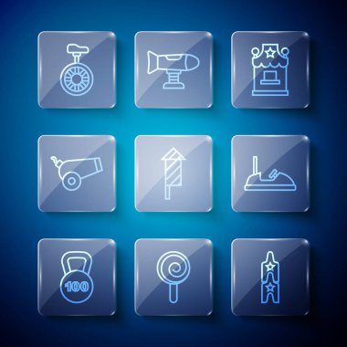 Set line Weight Lollipop Circus ticket Ticket box office Firework rocket Cannon Unicycle one wheel bicycle and Bumper car icon. Vector.