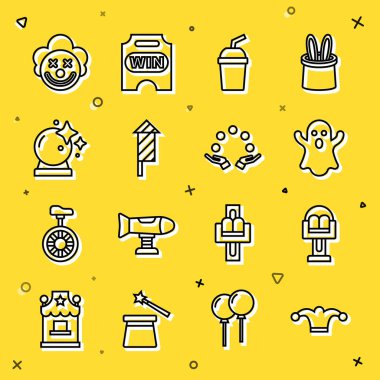 Set line Jester hat with bells Attraction carousel Ghost Paper glass water Firework rocket Magic ball Clown head and Juggling icon. Vector.
