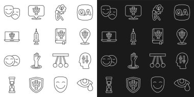 Set line Tear cry eye Solution to the problem Psychology Psi Broken heart or divorce Addiction drug Psychologist online Comedy and tragedy masks and book icon. Vector.